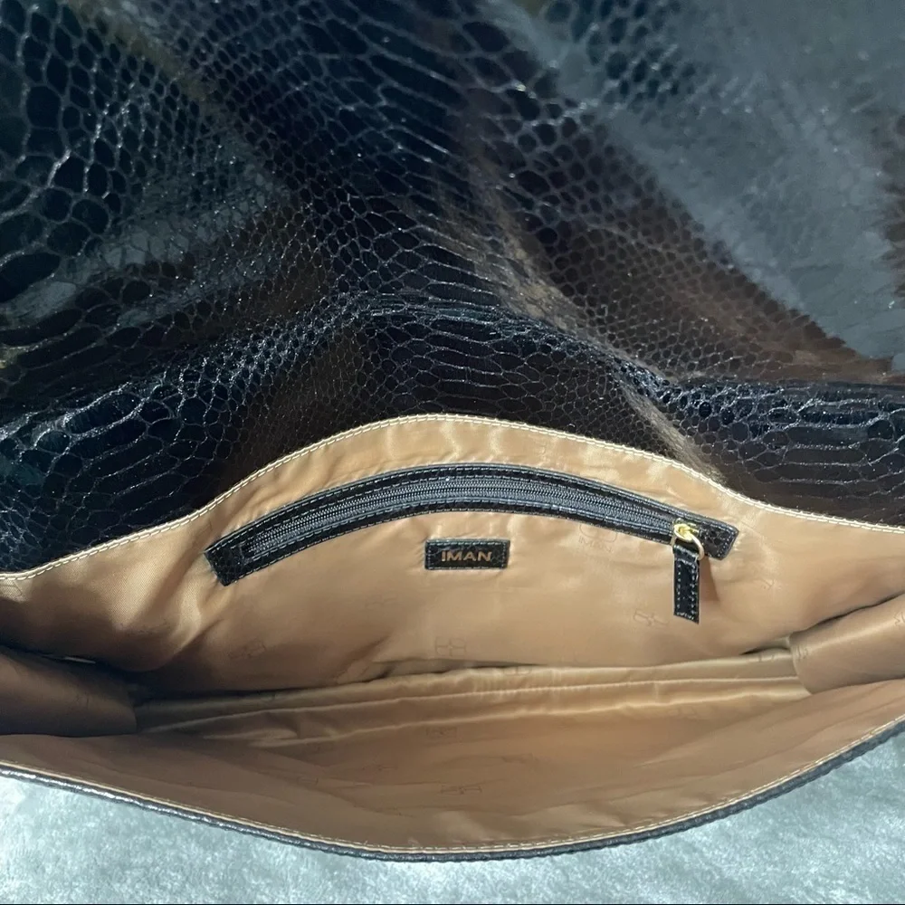 Iman Black Faux Snakeskin Fold Over Clutch with Interior Zipper Pouch